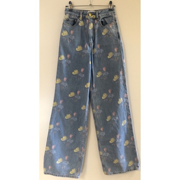 GANNI Floral Print Denim Core Magny Wide Straight Jeans Bleach Light Blue 25 - Picture 7 of 15